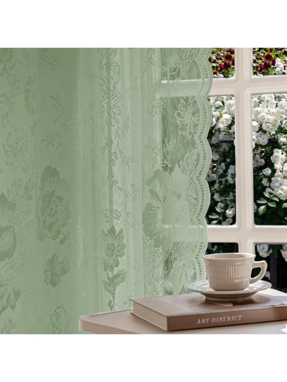 Sage Green Vintage Floral Lace Curtains - 84